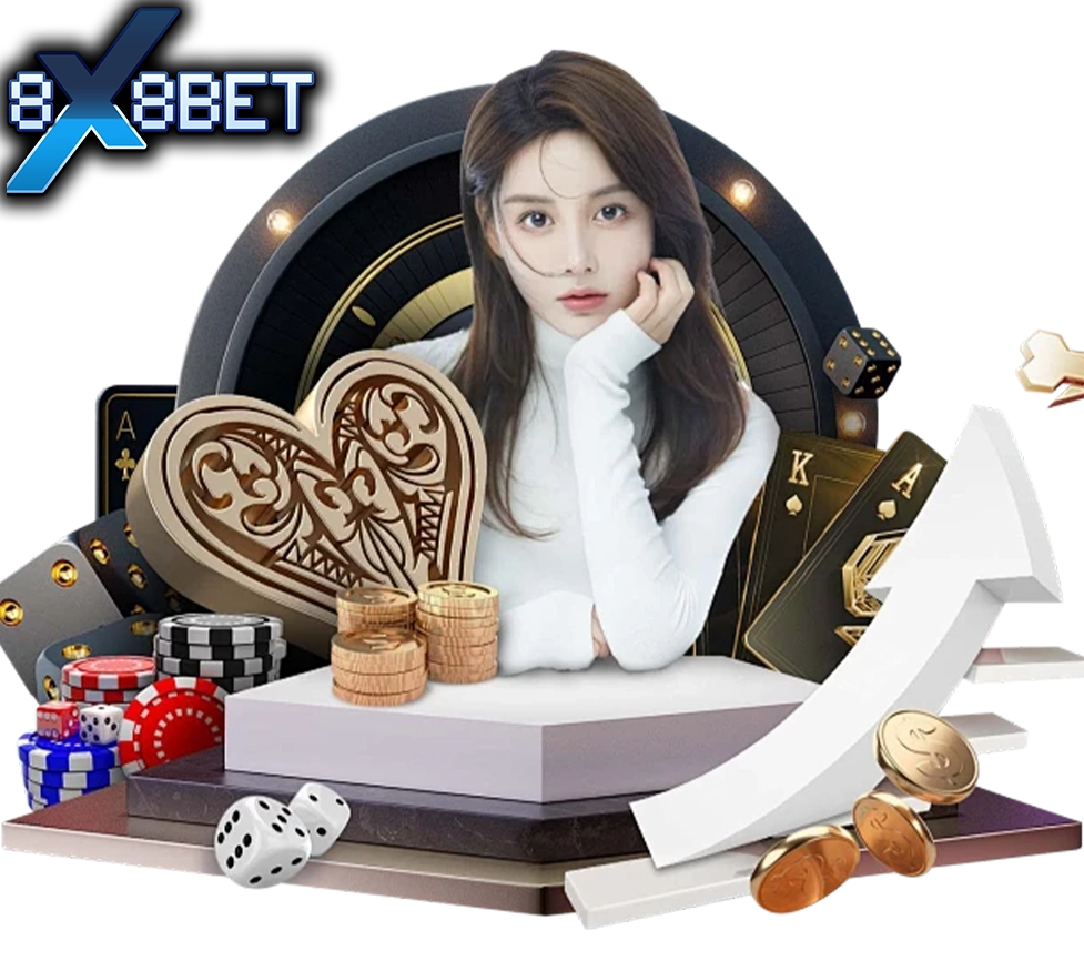 ผู้หญิงใส่เสื้อขาวกับชิปคาสิโน ไพ่ทอง และลูกเต๋า 8XBET กราฟิกแนวเดิมพันและสถิติกำไรเพิ่มขึ้น
